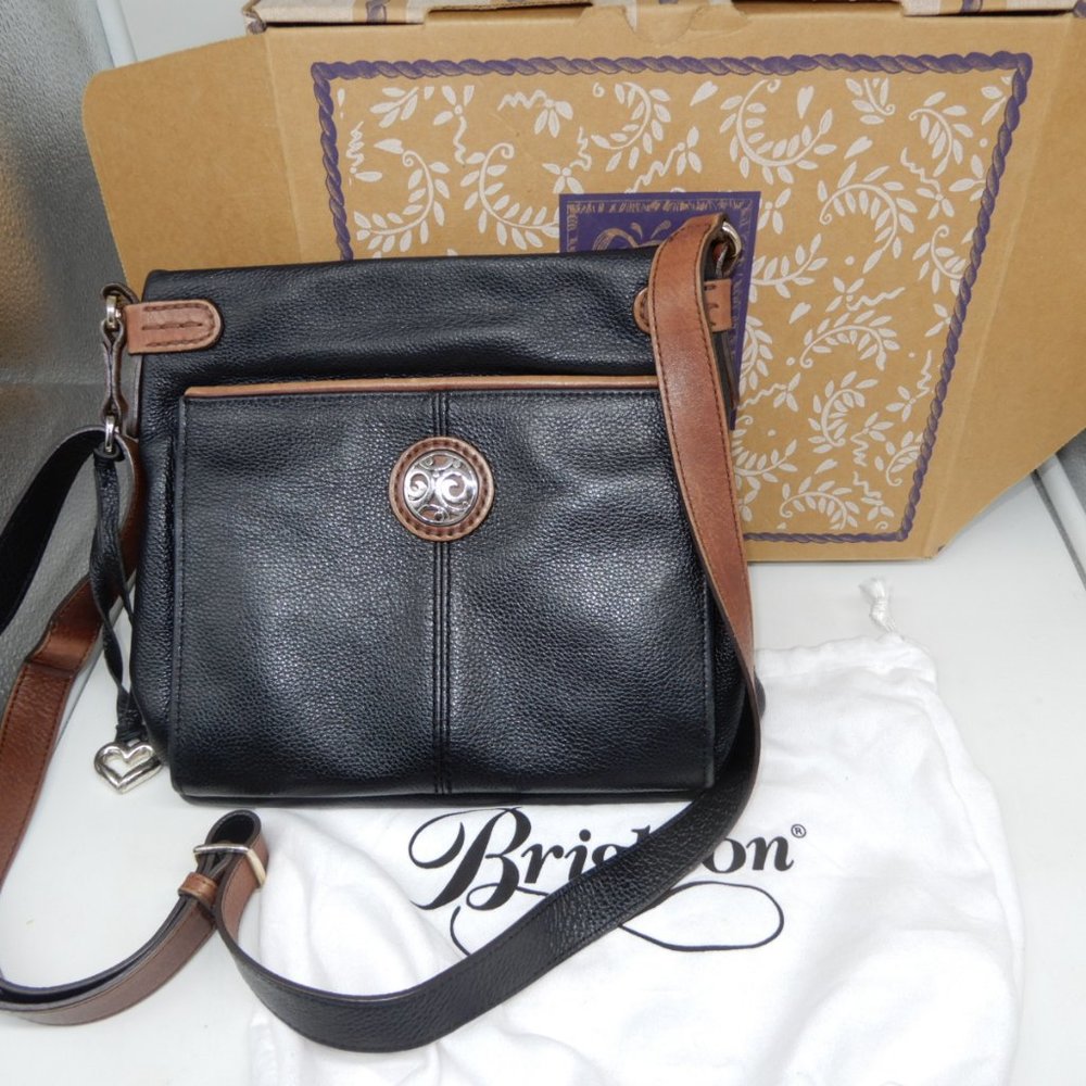 BRIGHTON black leather messenger organizer bag